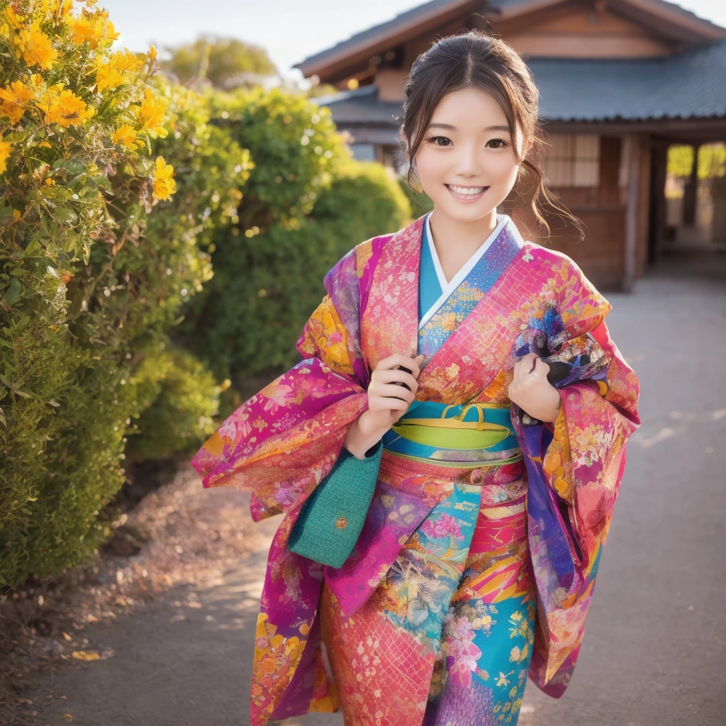 Highest quality,High resolution,Photorealistic photography,A cute 20-year-old Japanese woman wearing a vibrantly colored colorful kimono,Cute puppies walking together,The woman has a lovely smile,Extremely intricate kimono patterns and delicate facial features,Long eyelashes are characteristic,The eyes are depicted in great detail,Beautiful natural light illuminates with warm tones,Detailed background scenery spreads,4K,8K Highest quality,Extremely detailed and realistic HDR images,The vibrant colors are rendered like a professional photograph.