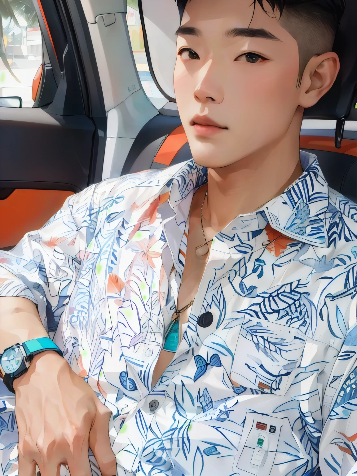 a man sitting in a car,with a watch on his wrist, Wearing a parka, Wearing a shirt, with Hawaiian shirts, Shot with Sony Alpha 9, Wear multiple pendants, Hyun Tae, Wearing a shirt, Hawaiian shirts, Inspired by Lee Joong Keun, Summer shirts, Cartoon Style, Kim Jong-ki style, the artist is dressed dirty, Hong Junheng