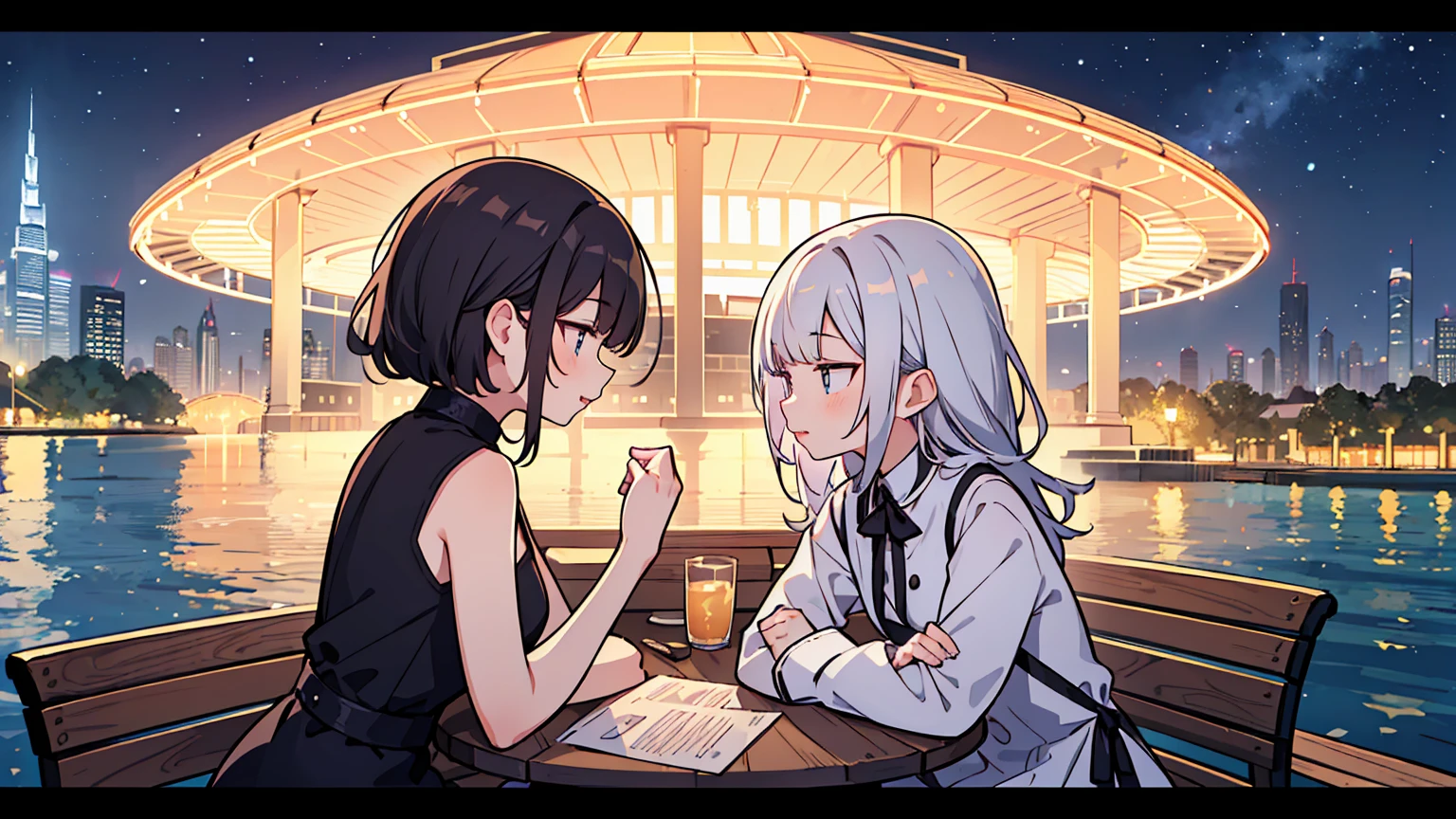 (masterpiece, best quality),2 women, different hair colors, different faces,letterboxed, perfection of fashion,Burton lips, sleeveless,dress,upper body, from the side,On a bench in a park with a lake,Round table ,Sitting on a chair and talking,Neon signs illuminating the night view with the Dubai Tower in sight,