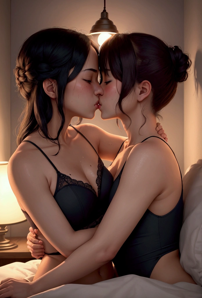 Two lesbian girls kissing, shoulders and neck, sweaty, Hot, hugs, sexy for, 的, , stas, Bedsroom, Beds, in Beds, dark chamber, a lamp, Lie down, face to face