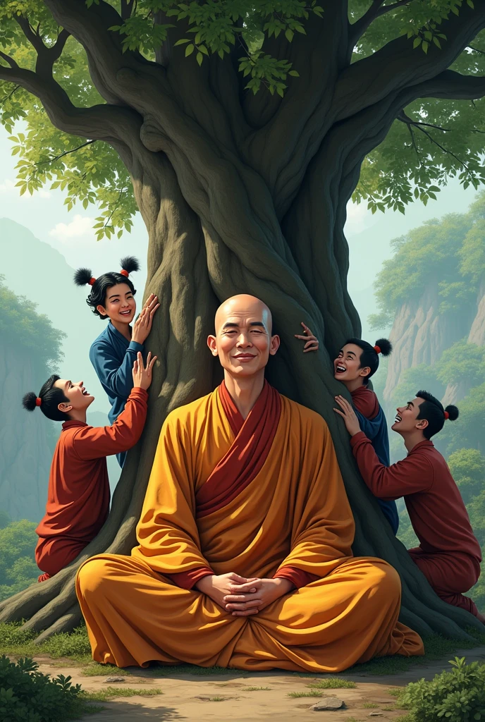 Bhutanese monk meditating under a tree and comedians trying to make him laugh but the monk remains serious