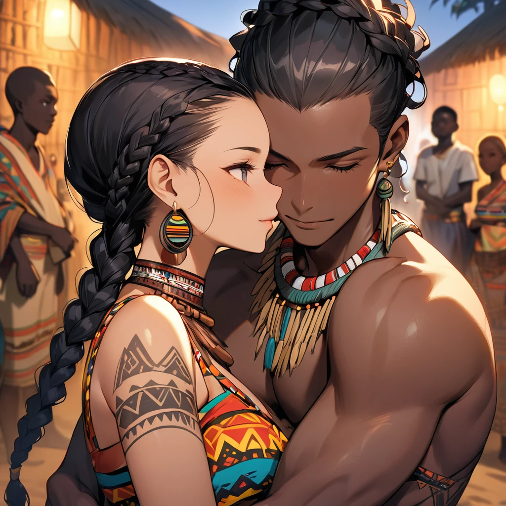 ((Highest quality)), ((masterpiece)), (detailed), （Perfect Face）、The woman is a beautiful, pitch-black-skinned native African tribal woman, adorned with gorgeous bridal accessories, and embraces a strong tribal man, kisses him in love, and holds a wedding ceremony in the tribal square.、The woman is Yuuki Asuna, a black woman with pitch black skin and naturally curly hair. She has light brown, very short afro hair that is naturally curly and finely braided into dreadlocks that are swept back in a tribal hairstyle, with little hair volume, she is an African black woman with tribal make-up, black nipples with nipple piercings, tattoos all over her body, and a beautifully decorated tribal outfit that does not cover her breasts.、The woman was a complete African native nude tribeswoman, and had become a nude tribeswoman in both body and mind.、The woman is a native African woman and a member of the tribe&#39;s nude tribe, living happily with her friends.、The woman is a beautiful native African tribal woman, beautifully adorned with gorgeous jewelry, and is getting married to a strong tribal man.