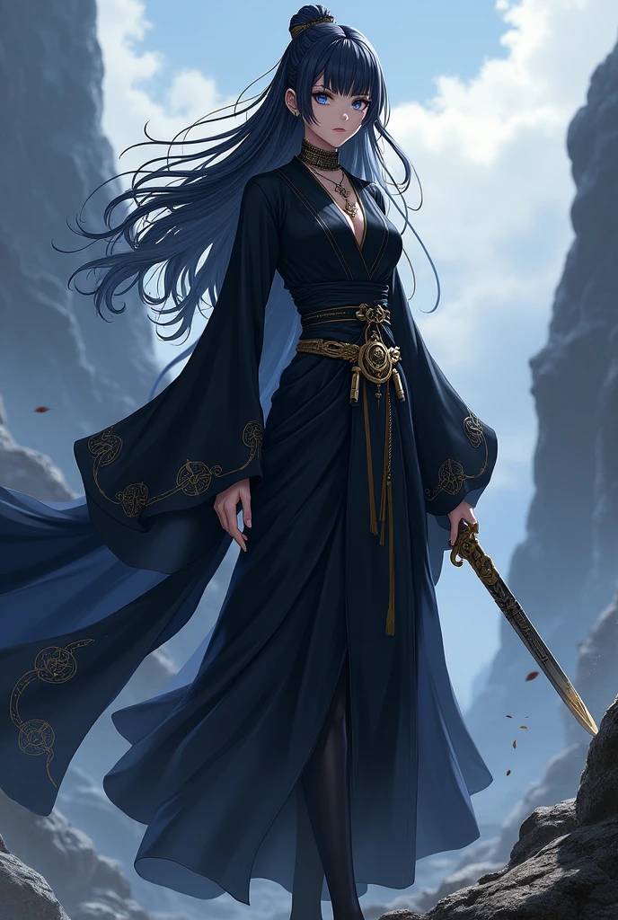 A tall women with black hair and blue eyes, wearing a black fontainien clothing style with pants little gold and jewelry on her clothes and not too much skin showing. Shes a skilled swordswoman. Has a lifeless or cold face and her aura is lifeless. In genshin impact desgine.
