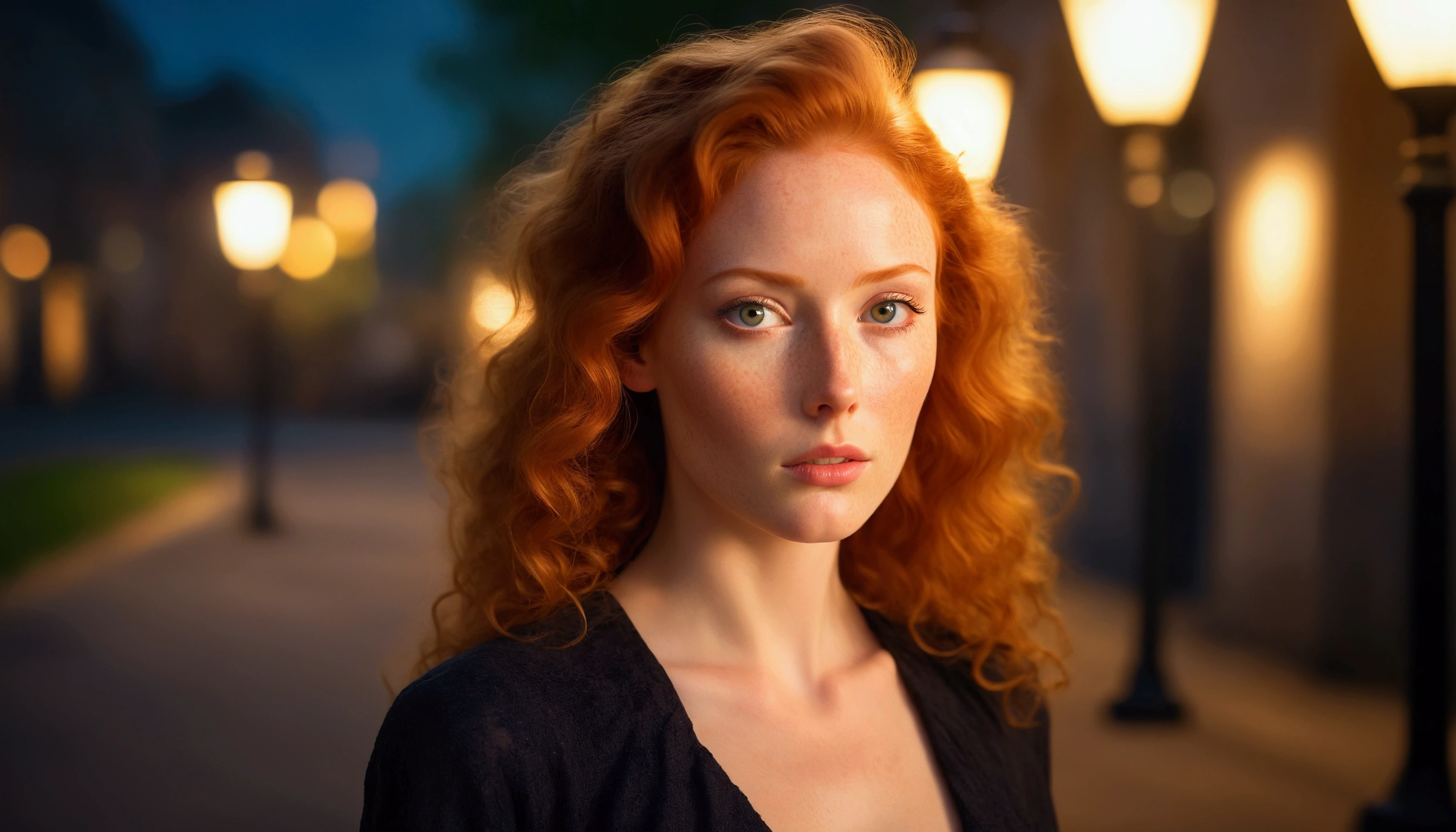 
Realistic portrait of a beautiful natural red haired adult woman with a mysterious look with herself as the main subject. She has natural light red hair that is long, curly and voluminous, her skin is pale, her face is round with a few freckles, and her eyes are bright honey-colored, characteristic of a natural red haired woman. She is dressed in a beautiful, sophisticated dress and looks at the camera with a penetrating, mysterious gaze, in a nocturnal outdoor setting that suggests a beautiful square with lampposts, trees, grass and benches. The artificial side lighting is warm, highlighting the woman's face and eyes, creating soft shadows and reinforcing the mysterious tone of the scene. The background is blurred to suggest a dimly lit environment and focus on the main subject, with a bokeh effect of a few points of light suggesting streetlamps. High-resolution professional photography with extreme detail.
