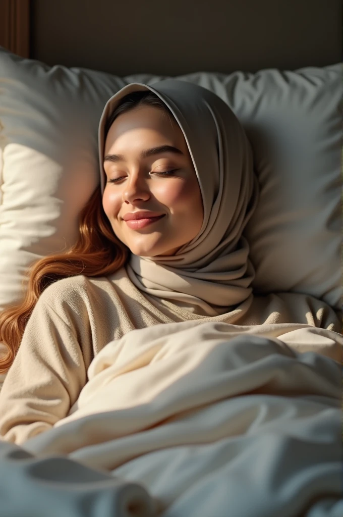 Beautiful woman wearing hijab saying good night happily in bed 