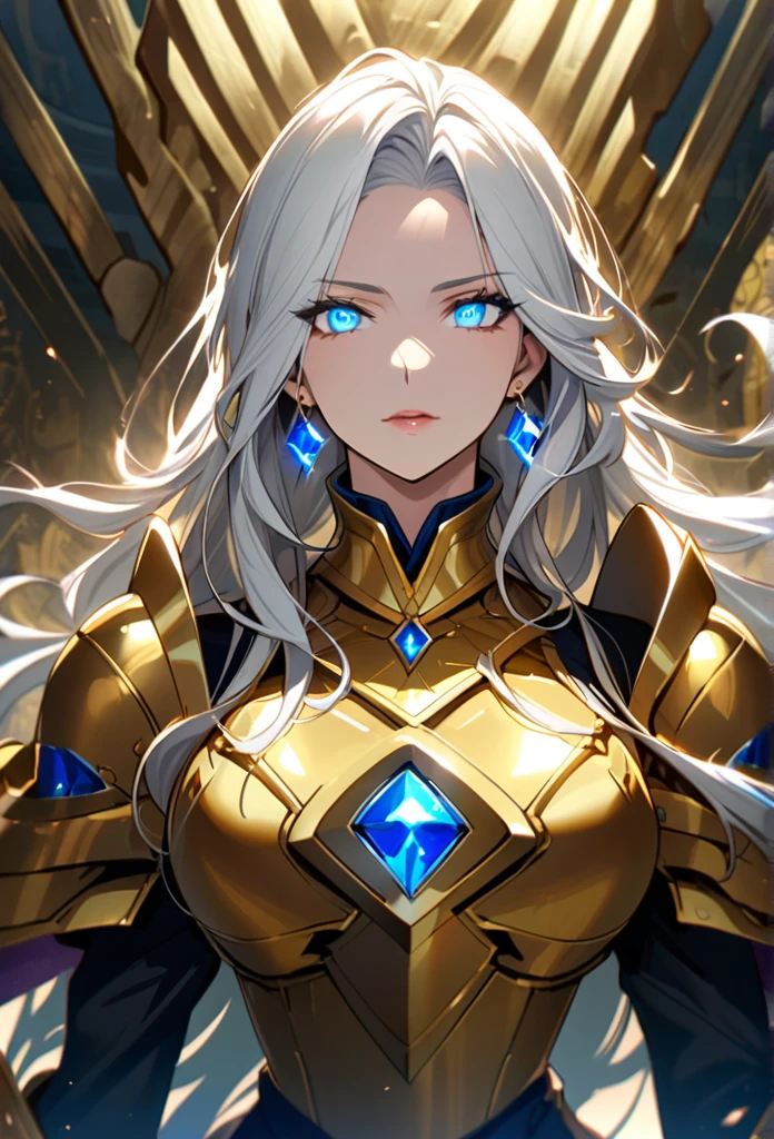 woman, blue eyes, long hair, white hair, mature, god eyes, diamond earrings, glowing eyes, blue eyes, golden armor, beautiful