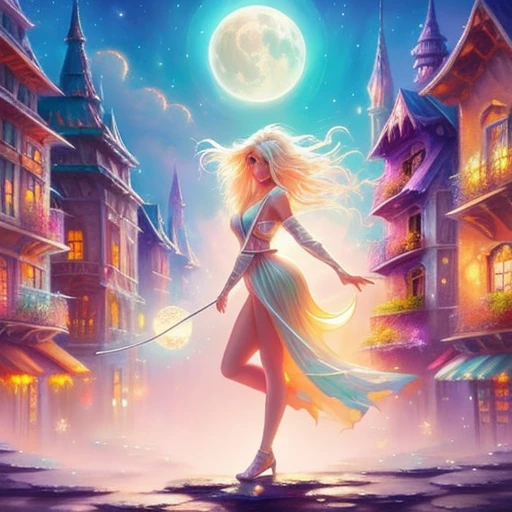 A beautiful fantasy style painting of a beautiful nude blonde woman with big messy hair, floating on a cloud gracefully laying on the cloud, wearing headphones, with moon light, twinkling stars and stardust, vibrant and colorful, full body shot, looking down at a small city at night, cityscape, colorful stardust, fantasy art style, rossdraws cartoon vibrant, cute detailed digital art, colorfull digital fantasy art, digital fantasy art ), glossy digital painting, rossdraws pastel vibrant, rossdraws 2. 5, rossdraws 1. 0