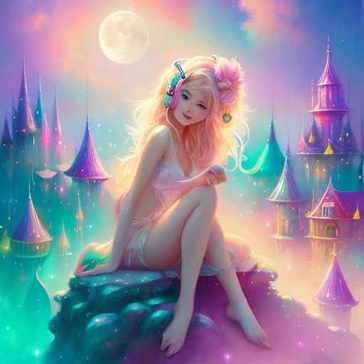 A beautiful fantasy style painting of a beautiful nude blonde woman with big messy hair, floating on a cloud gracefully laying on the cloud, wearing headphones, with moon light, twinkling stars and stardust, vibrant and colorful, full body shot, looking down at a small city at night, cityscape, colorful stardust, fantasy art style, rossdraws cartoon vibrant, cute detailed digital art, colorfull digital fantasy art, digital fantasy art ), glossy digital painting, rossdraws pastel vibrant, rossdraws 2. 5, rossdraws 1. 0