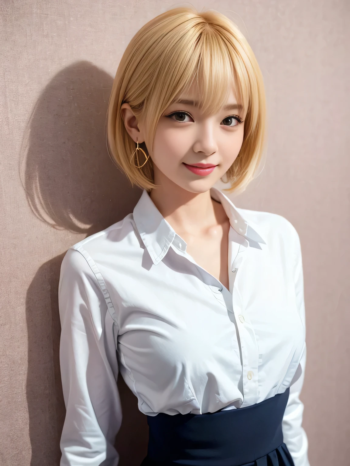 Highest quality、Figures、one person、Earrings、Cute Girls、sexly、Slender、Green tie、White shirt、sexly、Navy blue exy))、Very detailed、Fine details、Slim Body、Slender、Japanese Girls、High resolution、8k、wallpaper、Perfect dynamic composition、Beautiful fine details、Short Bob Cut、((Blonde Hair))、Big natural color lip、大胆なsexlyポーズ、smile、Cold Stare、17-year-old girl、Cute、Lolita、Good eyesight、whole body、Pink wall、smile、