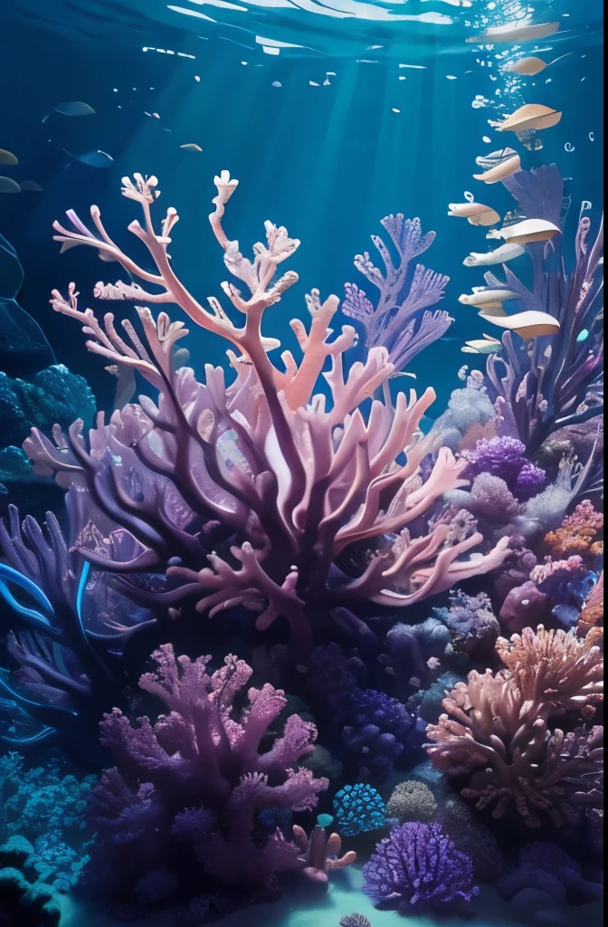 purple sea anemone in a tank with other sea creatures, delicate coral sea bottom, colorful coral, long wispy tentacles, harmony of neon glowing coral, translucent gills, eagle coral, elegant coral sea bottom, beautiful colorful corals, purple and blue neons, radiating atomic neon corals, sea anemone, coral, rainbow corals, corals, underwater soft colours