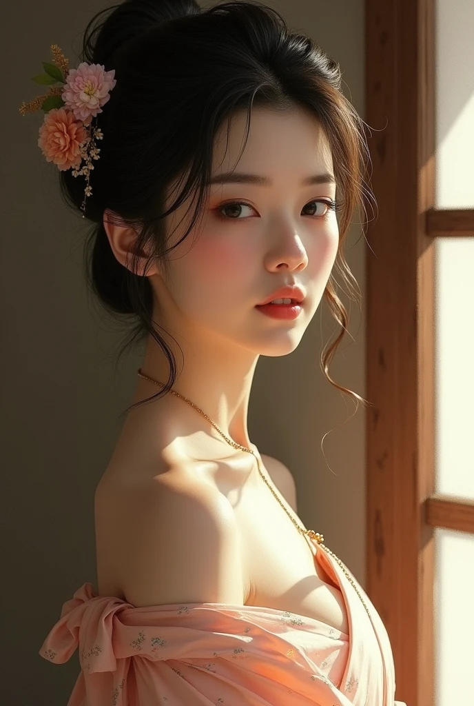 An elegantly dressed Japanese woman in natural light、A close-up of her chest and calm expression.、It shows her inner peace and outer charm.。