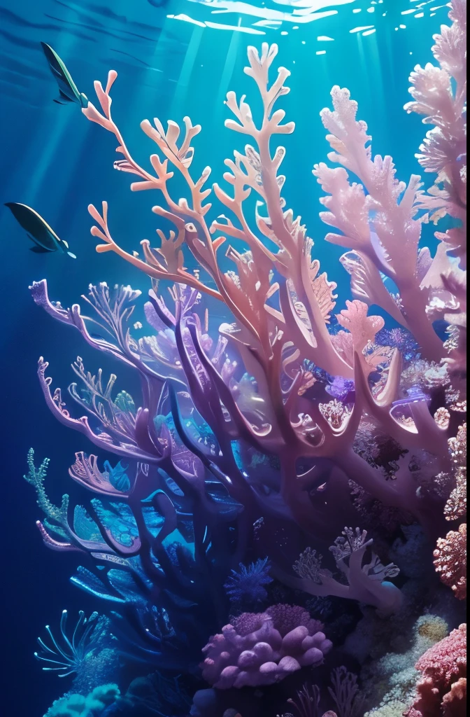 purple sea anemone in a tank with other sea creatures, delicate coral sea bottom, colorful coral, long wispy tentacles, harmony of neon glowing coral, translucent gills, eagle coral, elegant coral sea bottom, beautiful colorful corals, purple and blue neons, radiating atomic neon corals, sea anemone, coral, rainbow corals, corals, underwater soft colours