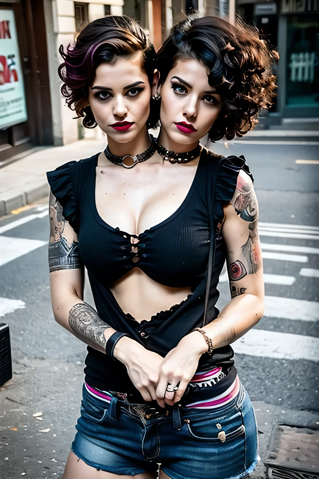 2heads, female couple, age 28, two heads on one body, conjoined, one torso, hipsters, curly hair, short hair, long hair, punk rock fashion, on the street