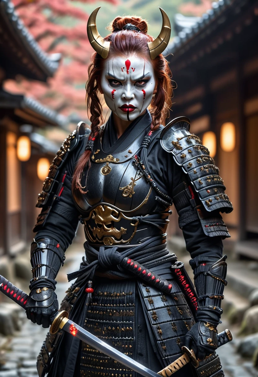 An action picture, a realistic digital image, An angry personified samurai black widow brandishing a magical katana shining from its scabbard, black with black wooden armor, samurai beads, gold samurai demon mask, standing in an ancient Japanese village, ultra HD, 8k, impressive detail.