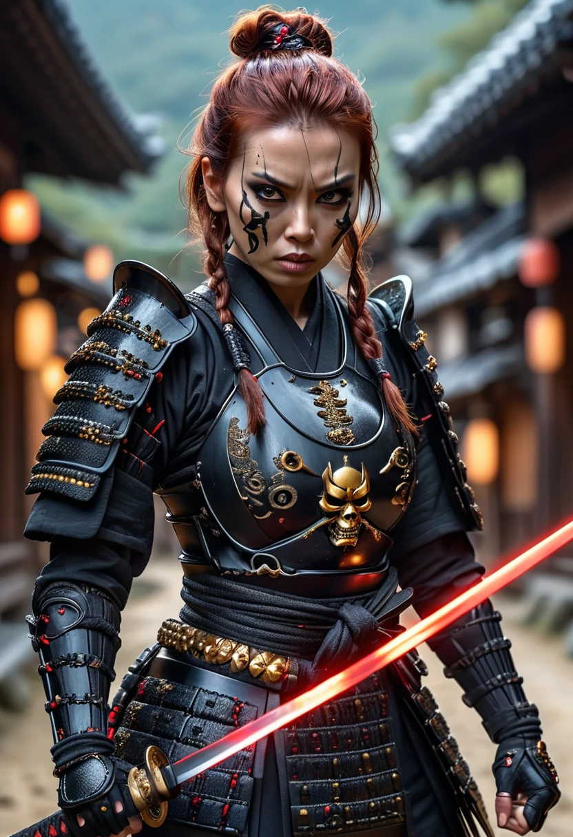 An action picture, a realistic digital image, An angry personified samurai black widow brandishing a magical katana shining from its scabbard, black with black wooden armor, samurai beads, gold samurai demon mask, standing in an ancient Japanese village, ultra HD, 8k, impressive detail.