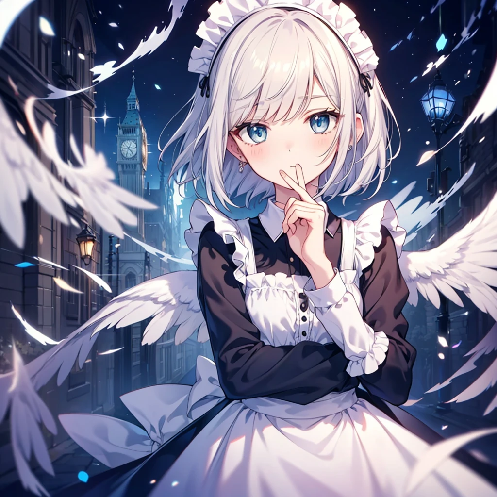 {{{Expressionless}}},{{{{One Woman}}}},{{{Age 35}}},{{{{{Mature Woman}}}}},{{{{{solo}}}}},small ,{{{{{Hide your hands}}}}},Maid clothes,Gothic Maid,Long skirt,Sharp medium long straight hair,Long sleeve,Long Bangs,Silver short-cut hair, Hollow Eyes,Highest quality,Delicate background,8k wallpaper,Frills,Super Detail,pastel blue eyes,Narrow eyes,beautiful buildings in london,{{{One Face}}},Two arms,2 Foot,{{{{{Have nothing}}}}},Perfect skeleton