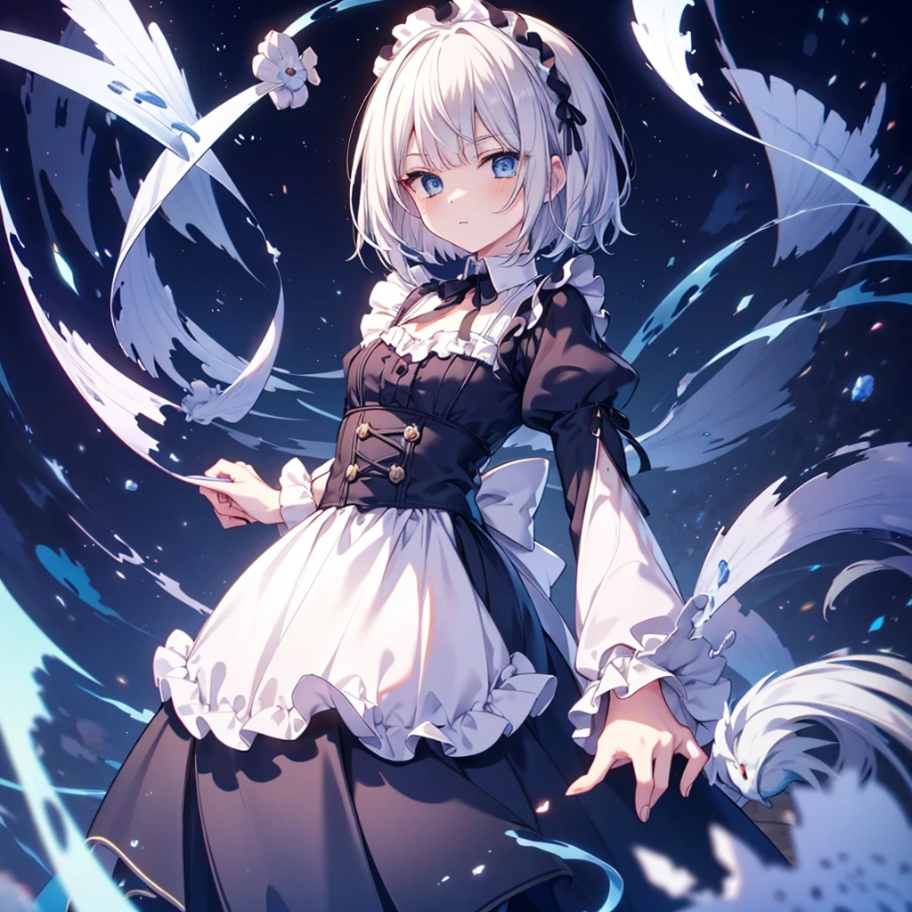 {{{Expressionless}}},{{{{One Woman}}}},{{{Age 35}}},{{{{{Mature Woman}}}}},{{{{{solo}}}}},small ,{{{{{Hide your hands}}}}},Maid clothes,Gothic Maid,Long skirt,Sharp medium long straight hair,Long sleeve,Long Bangs,Silver short-cut hair, Hollow Eyes,Highest quality,Delicate background,8k wallpaper,Frills,Super Detail,pastel blue eyes,Narrow eyes,beautiful buildings in london,{{{One Face}}},Two arms,2 Foot,{{{{{Have nothing}}}}},Perfect skeleton