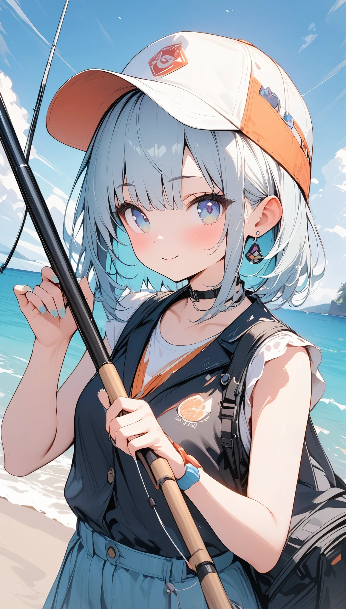 pale colour,((Amazingly absurd)),超High resolution, Attention to detail, high quality, High resolution, 最high quality, 4K, 8k, artwork,3dart,Summer breakwater、Girl Fishing、Black vest、cap