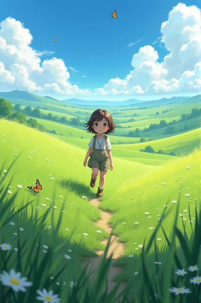 A girl walk in the green fields 