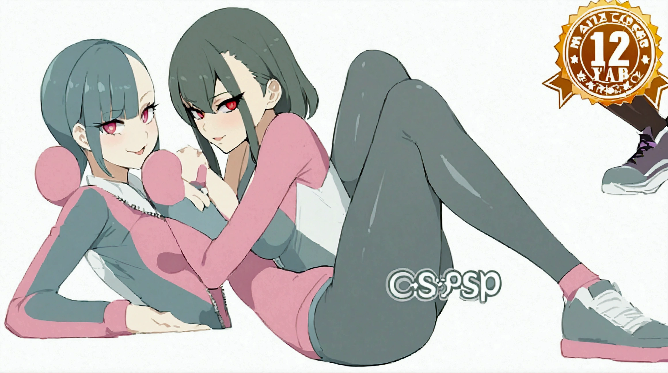 Two beautiful young women,hugging with the thighs,missionary position beautiful young fitness woman with , in a gym wearing May with black pantyhose, white and purple tight short gym jacket.,red eyes glowing,Evil smile,legging preto ,labiaa,dark eye shadow,shining eyes,,neckleace,jacket zipper half open,Tight black shirt,white sports tennis shoes,short hair with purple details,beautiful curves,whole body,hair with purple details,labiaa,detailed face and eyes,work of art,sexy look,posiçao missionario sexy