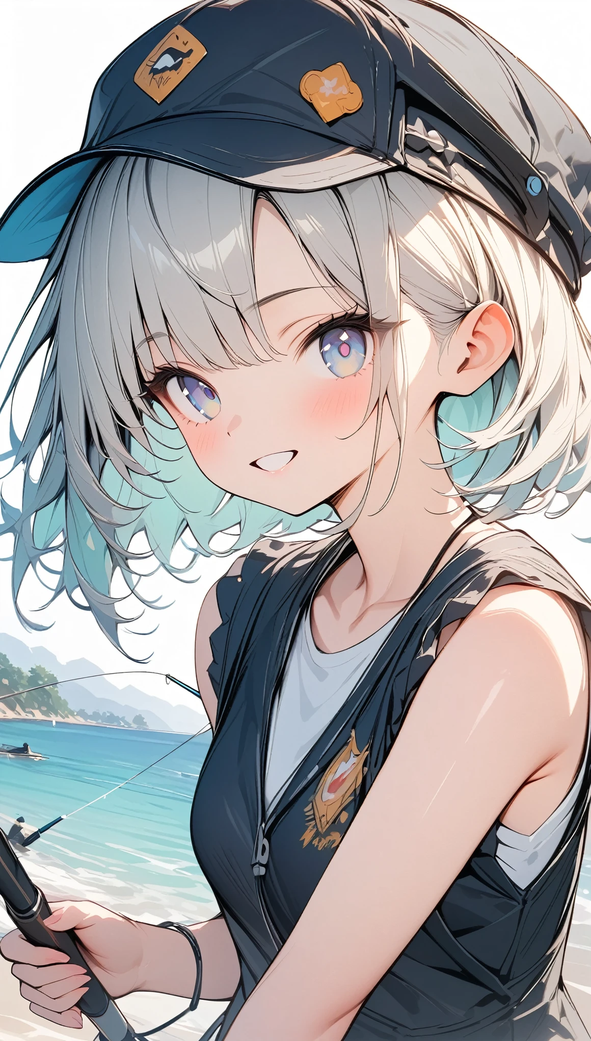pale colour,((Amazingly absurd)),超High resolution, Attention to detail, high quality, High resolution, 最high quality, 4K, 8k, artwork,3dart,Summer breakwater、Girl Fishing、Black vest、cap、fishing rod