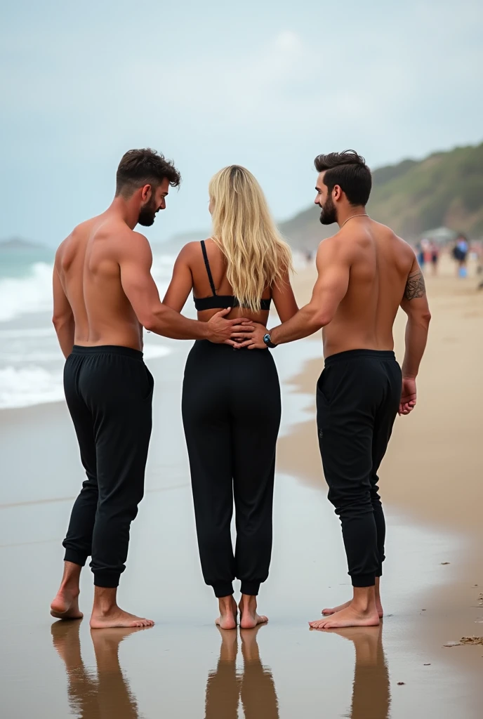 Blonde on the beach, black sweatpants, 2 barefoot women. 2 men touching a woman