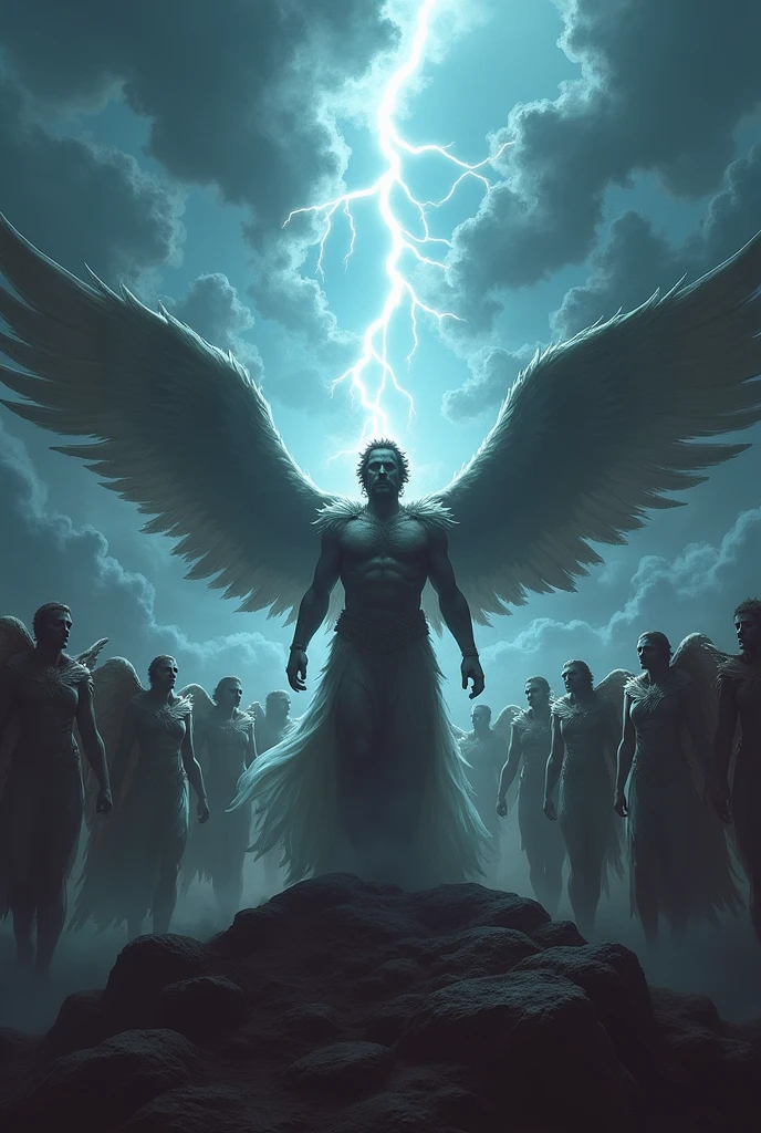 Illustrious Lucifer leading a group of rebel angels, all with defiant expressions. The sky must look turbulent, with dark clouds and lightning. Lucifer is ahead, In a leadership pose.