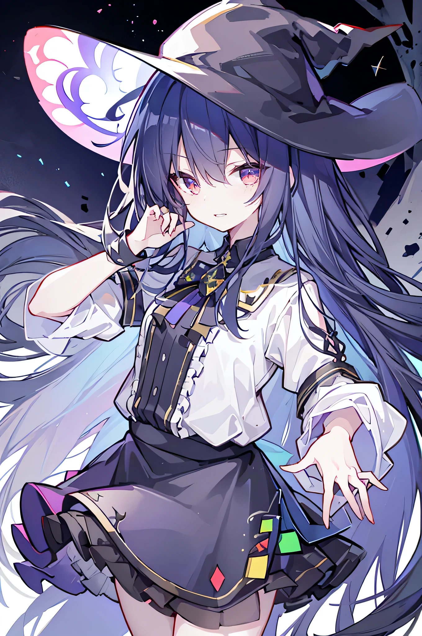 oung Girls,Humanity,A magician always smiles,big witch hat,cute,dark blue long hair,The eyes are dull,The bangs are heavy,Thin eyebrows,fantasy,intake,Double teeth,Star Theme,Constellation pattern,Solid color clothetal decoration,cloak,A bit of a dark atmosphere,A little crazy smile,When the big moon shines outside at night,blood,Hair black star embellishment,Short tie,No nails,High waist skirt,Bell sleeves,Long-sleeved shirt,Black tie,low risk,gentlemen。Mist、Yellow and white effect,Shocking pink as an accent color