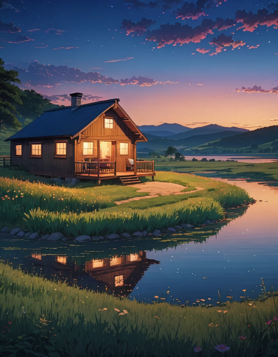 a painting of a cabin in a field,     grassland   hill          lake        clear sky     twilight         illumination!!!!     anime art wallpaper 4k,    Highly detailed 4k digital art