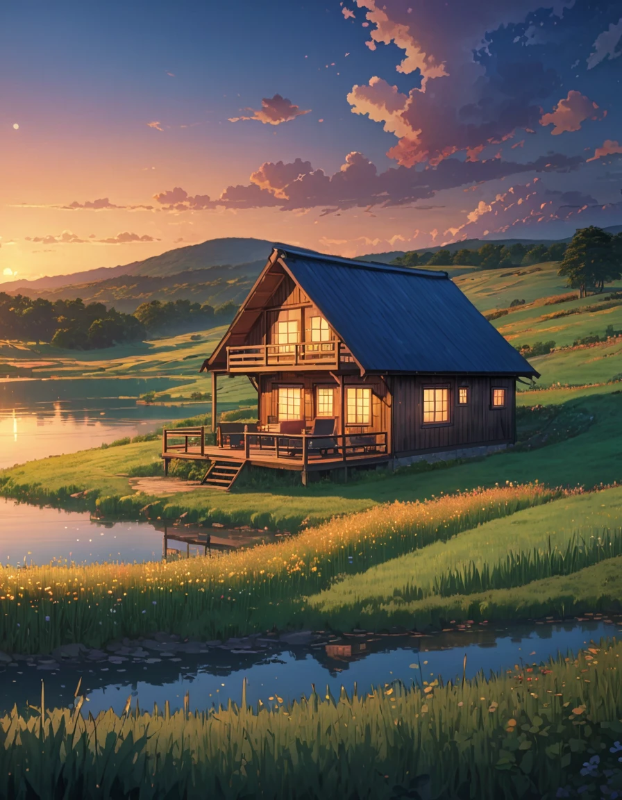 a painting of a cabin in a field, grassland hill lake clear sky twilight illumination!!!! anime art wallpaper 4k, Highly detailed 4k digital art
