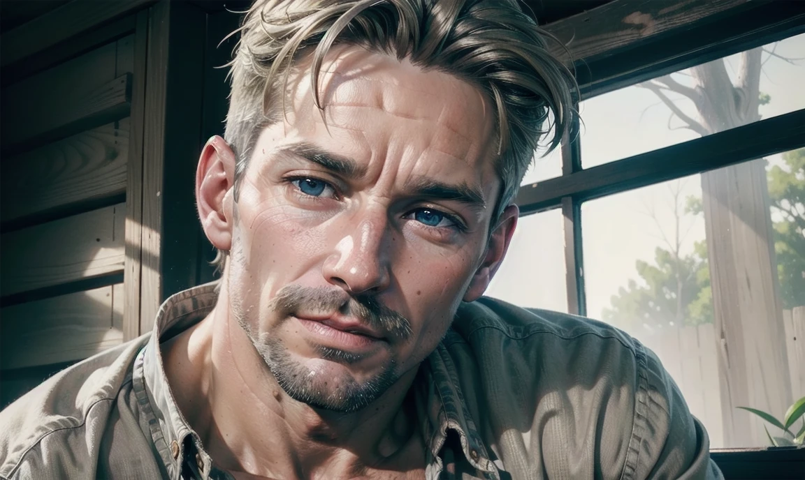 [((highly detailed, detailed eyes, detailed face, clear and realistic facial features, photorealistic, realistic light, cinematic)), (1 man), Mark is a handsome and alluring slender but muscular male farmer father aged 45 with short blond hair and a neat moustache and blue eyes and weathered skin wearing a flannelette shirt, ((greying blond hair)), (((weathered mature face))), (((Mark has a seductive smirking look on his face and a slight blush on his cheeks))), There is a charming yet dry southern farm in the background, ((sexual undercurrent mood))]