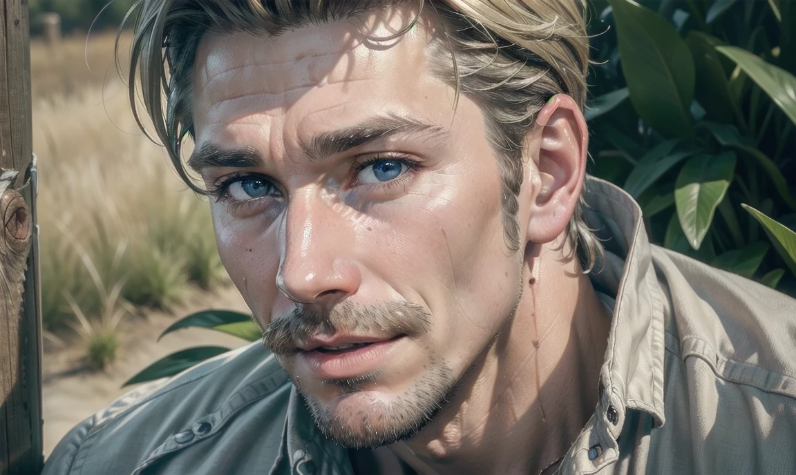 [((highly detailed, detailed eyes, detailed face, clear and realistic facial features, photorealistic, realistic light, cinematic)), (1 man), Mark is a handsome and alluring slender but muscular male farmer father aged 45 with short blond hair and a neat moustache and blue eyes and weathered skin wearing a flannelette shirt, ((greying blond hair)), (((weathered mature face))), (((Mark has a seductive smirking look on his face and a slight blush on his cheeks))), There is a charming yet dry southern farm in the background, ((sexual undercurrent mood))]