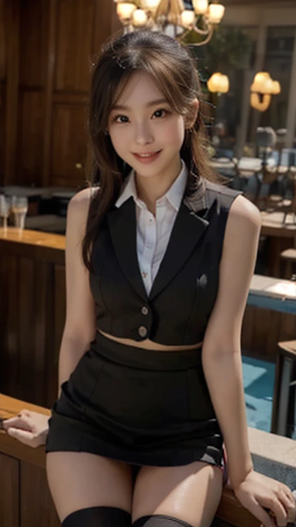 UHD, high quality, best quality, 16k,4K(8K), Business Professional Attire, at the bar,  shirt, sleeveless, jacket, looking at viewer, smile with teeth, black thighhigh, blurry background, indoor, bar, natural lighting, night light,