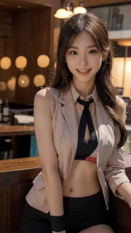 UHD, high quality, best quality, 16k,4K(8K), Business Professional Attire, at the bar,  shirt, sleeveless, jacket, looking at viewer, smile with teeth, black thighhigh, blurry background, indoor, bar, natural lighting, night light,