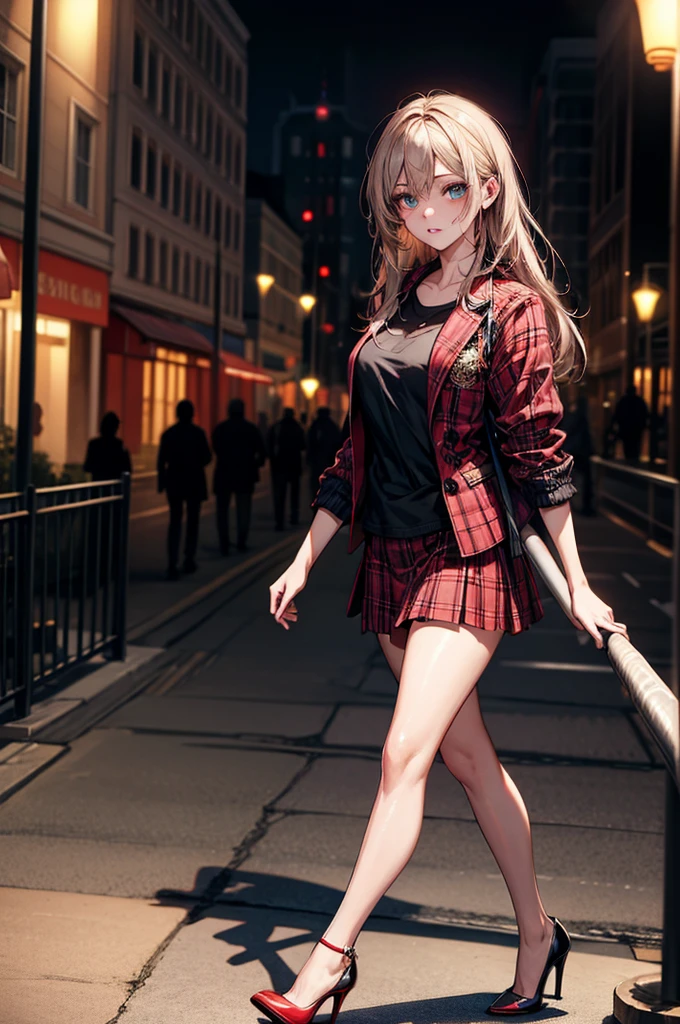 (Biologically correct limb count),Full body, including face,4K,Focus on the masterpiece face,Well-proportioned facial features,Delicate descriptive eyes,One beautiful woman,(Black shirt,red jacket,red plaid skirt),(Grin),looking at the camera,walking,,((High heels)),(Thick fog all around),Night outdoor streetlights