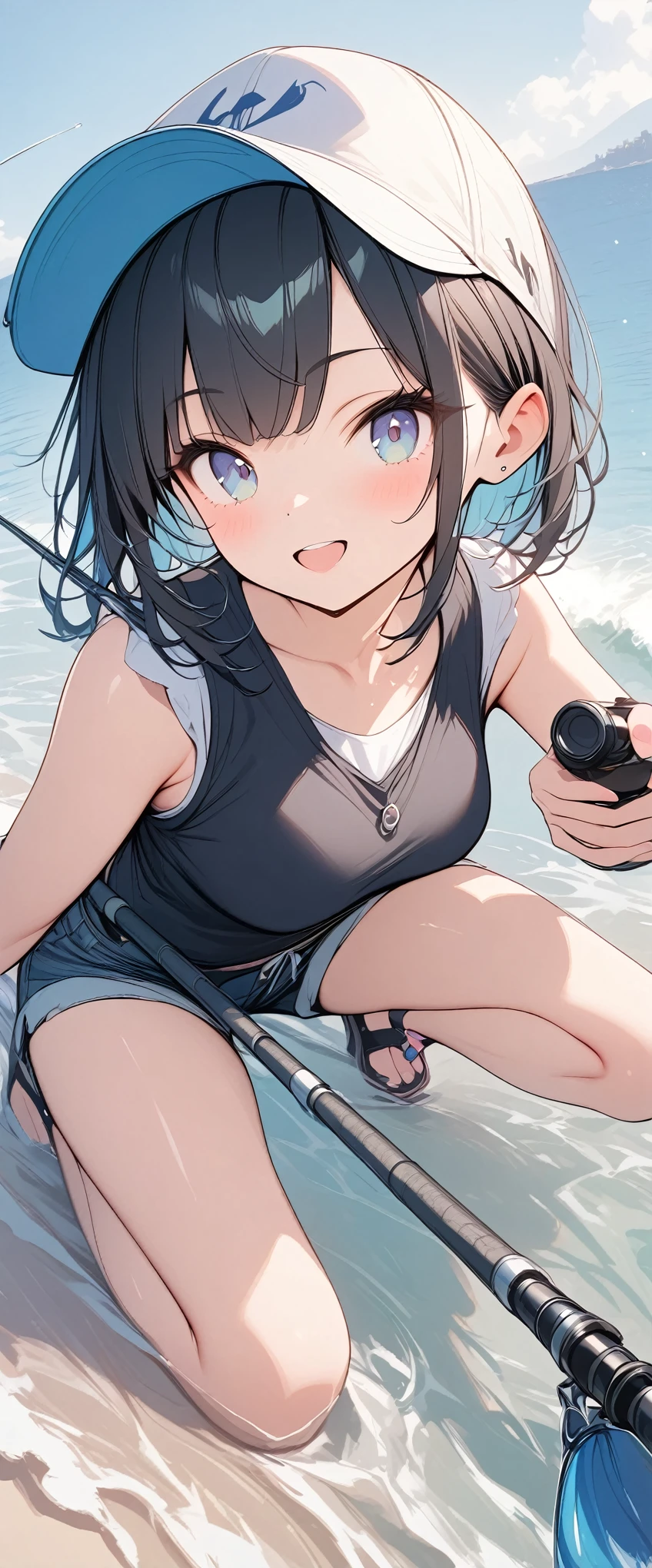 pale colour,((Amazingly absurd)),超High resolution, Attention to detail, high quality, High resolution, 最high quality, 4K, 8k, artwork,3dart,Summer breakwater、Girl Fishing、Black vest、cap、fishing rod