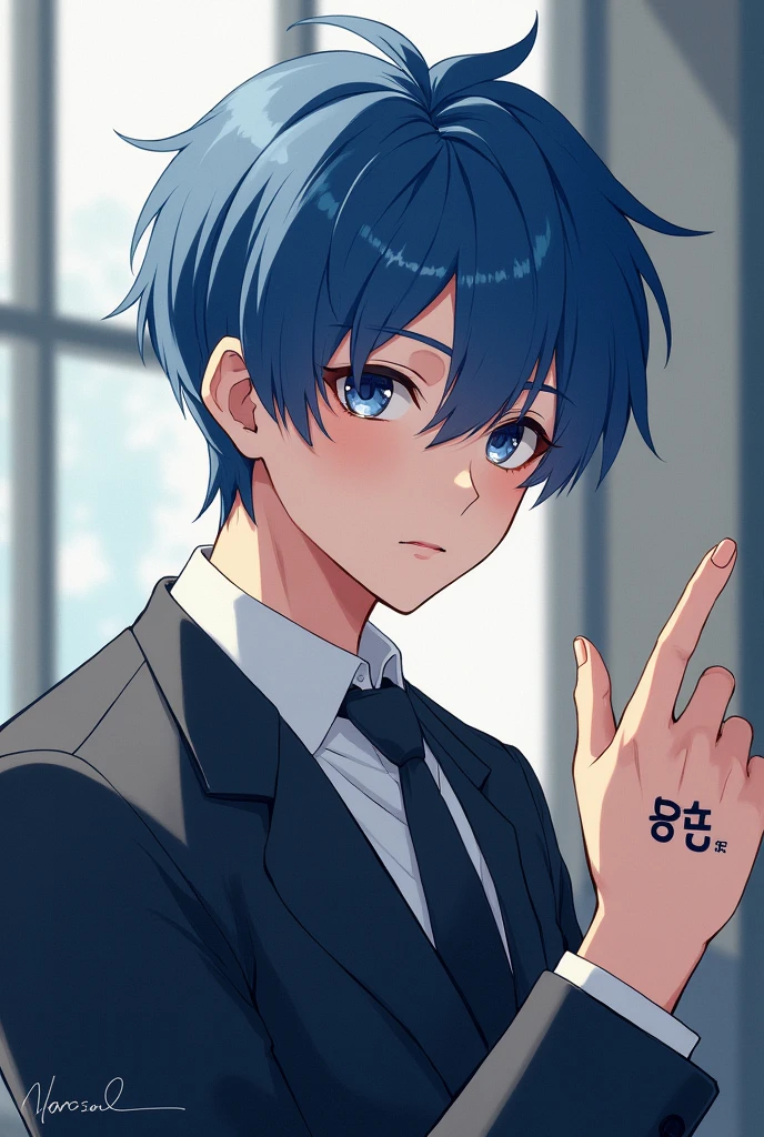 A 17 year old boy, who has blue hair, a small tattoo on the hand, it&#39;s korean, He has small, Chinese eyes.,with school uniform