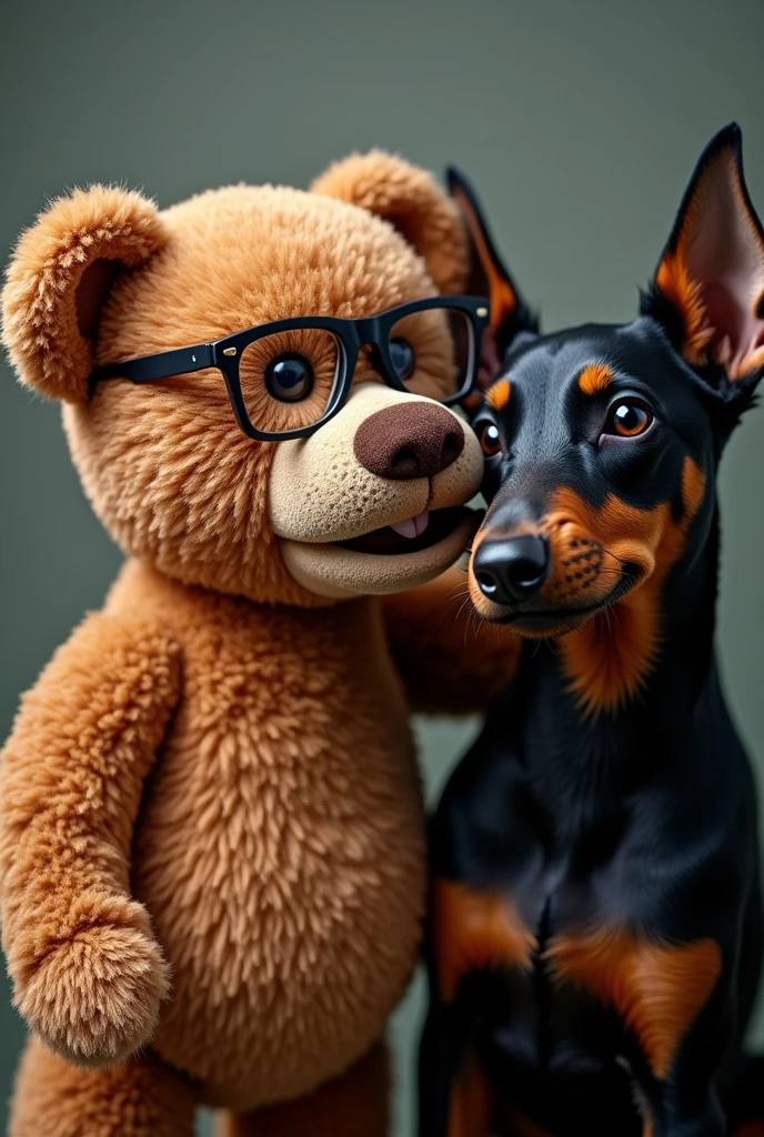 A teddy bear wearing glasses is being bitten by a Doberman