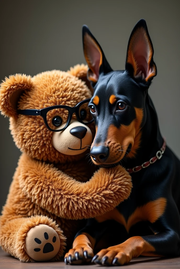 A teddy bear wearing glasses is being bitten by a Doberman