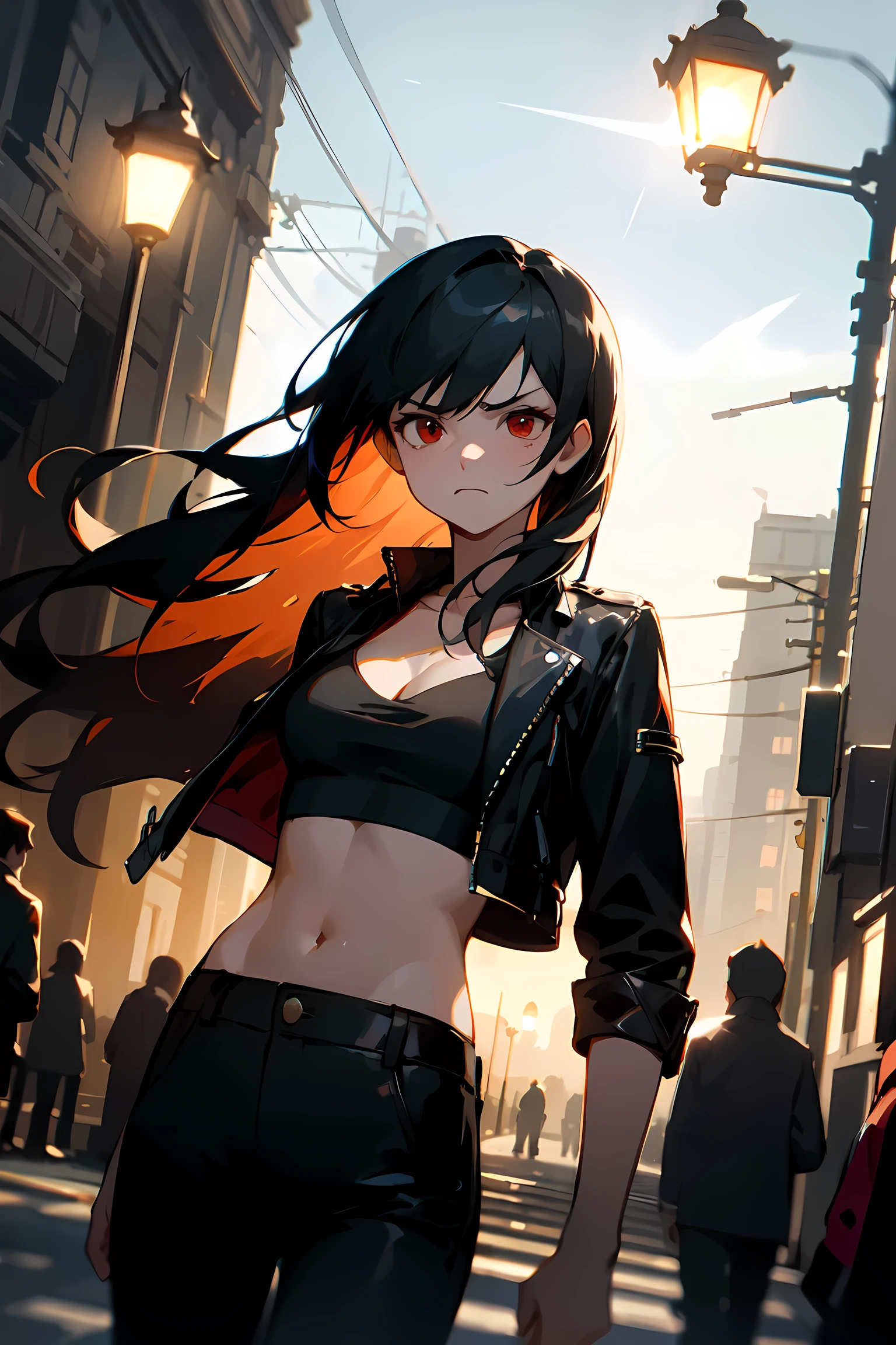 (masterpiece, best quality:1.3), sfw, solo, dutch angle, 1girl, red eyes, serious, frown, black hair, long hair, straight hair, crop top, midriff, cleavage, leather jacket, black jacket, black pants, outdoors, street background, (lamppost:1.2), (night), sharp focus, depth of field, (subsurface light scattering), backlighting, absurdres