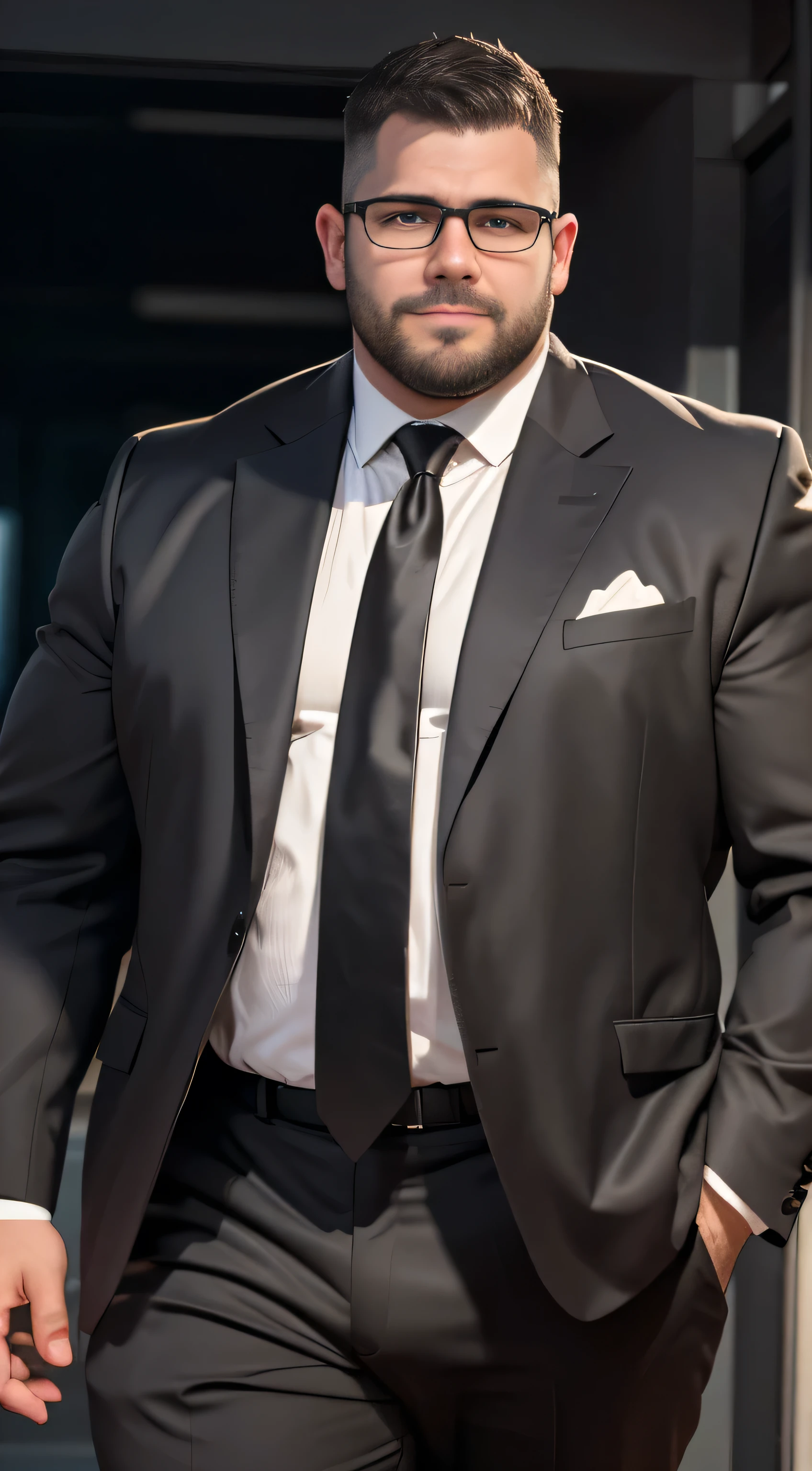 Award-winning original photos，A wild fat man, (35-year-old father:1.1), 1 boy, Solitary, (Gray suit), (Black pants), (Black dress shirt), (Gray tie), (Broad shoulders), Muscle tissue, Stubble, Short beard, beautiful eyes:1.3, ), (Delicate face:1.3), wear glasses, Smile, Dynamic Angle, Volumetric Lighting, (best quality, high resolution, Reality), Movie Lighting, masterpiece, RAW photos, Intricate details, HDR, Depth of Field, Upper body shooting