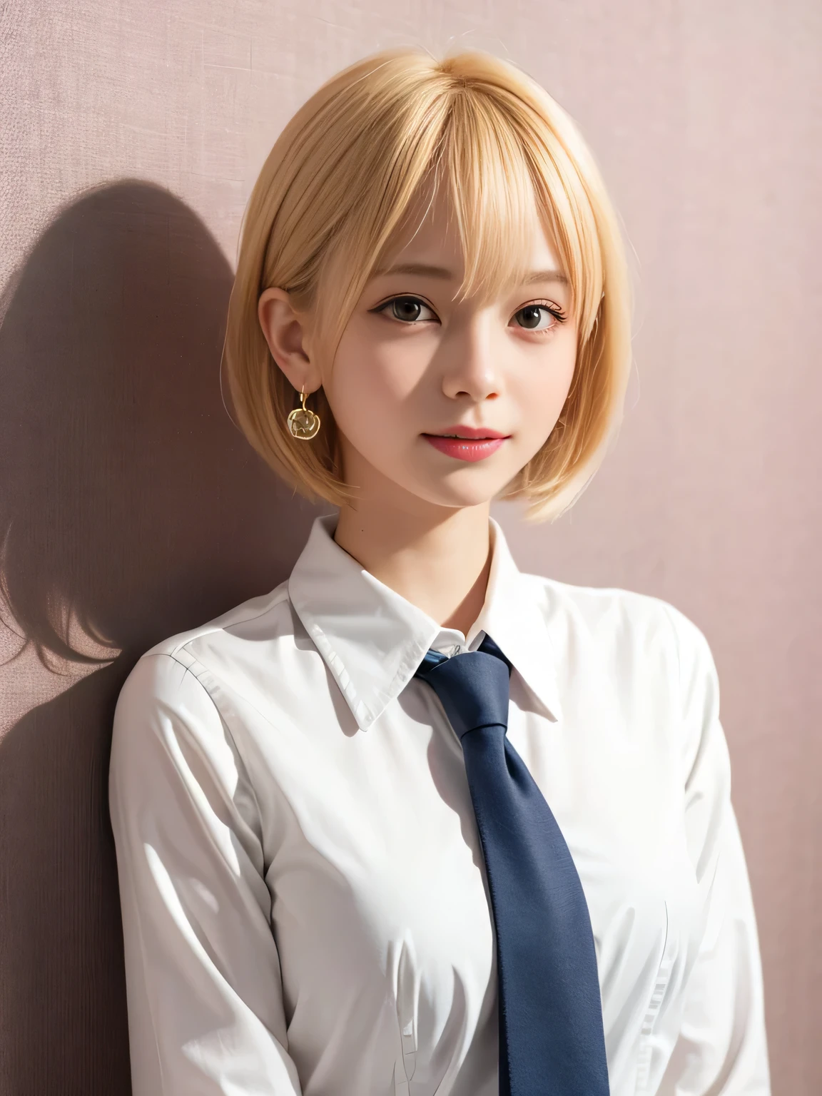 Highest quality、Figures、one person、Earrings、Cute Girls、sexly、Slender、Green tie、White shirt、sexly、Navy blue exy))、Very detailed、Fine details、Slim Body、Slender、Japanese Girls、High resolution、8k、wallpaper、Perfect dynamic composition、Beautiful fine details、Short Bob Cut、((Blonde Hair))、Big natural color lip、大胆なsexlyポーズ、smile、Cold Stare、、Cute、Lolita、Good eyes、whole body、Pink wall、smile、