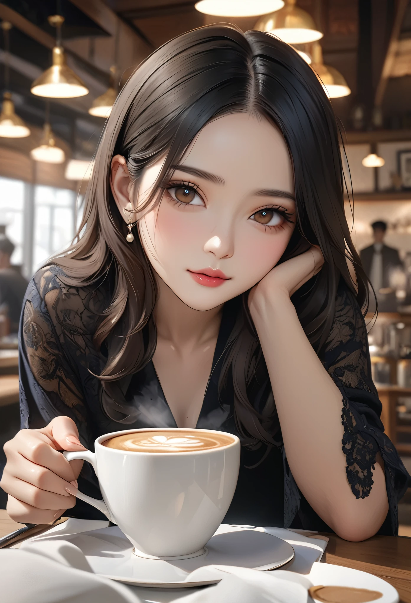 (8k, Highest quality, masterpiece:1,2), (Realistic, photo-Realistic:1,37), Highest quality, masterpiece, Beautiful woman, I want to drink coffee, Coffee cup, Elegant Style. Indonesian women's style, Beautiful white skin, Beautiful Eyes, Medium Hair, wearing a watch