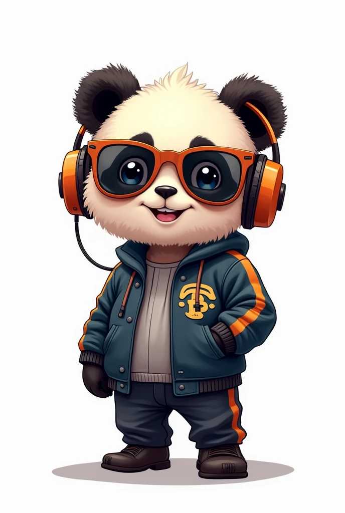 Perfect centralization, cute panda bear, Wear a student team jacket, wearing sunglasses, Using headphones, happiness, Standing position, abstract beauty, centered, Looking at the camera, Facing the camera, nearing perfection, dynamic, highly detailed, seeds, sharp focus, 8k, high-definition resolution, illustration, Carne art Griffiths and Wadim Kashin, White background