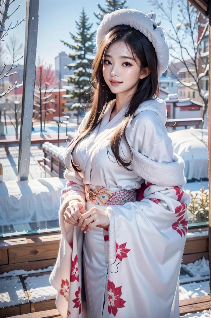 One girl,sweater,White Background,Highest quality,High resolution,Photorealistic photography,A cute 20-year-old Japanese woman wearing a vibrantly colored colorful kimono,Cute puppies walking together,The woman has a lovely smile,Extremely intricate kimono patterns and delicate facial features,Long eyelashes are characteristic,The eyes are depicted in great detail,Beautiful natural light illuminates with warm tones,Detailed background scenery spreads,4K,8K Highest quality,Extremely detailed and realistic HDR images,The vibrant colors are rendered like a professional photograph.