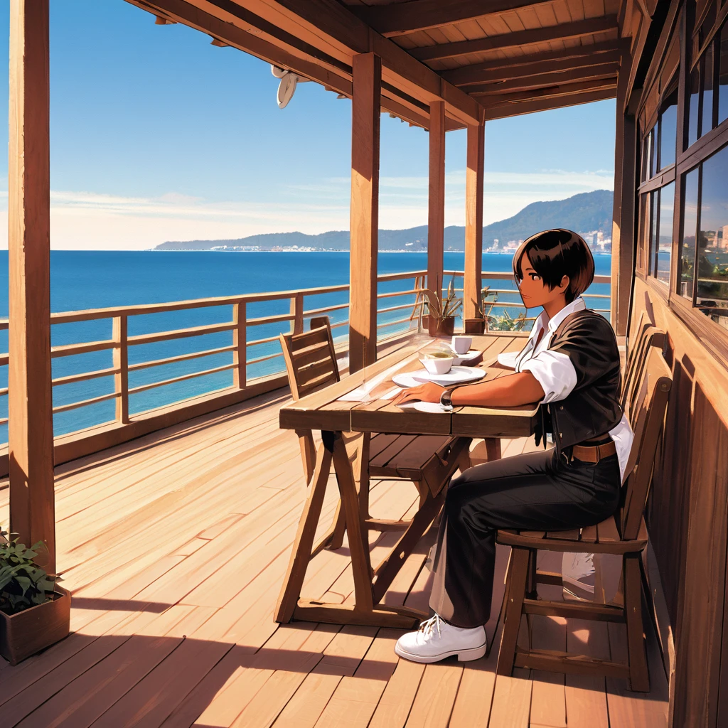 2 people,woman,Raise your hand,Looking up,short hair,Black Hair,Dark Skin,Red eyes,(black jacket with rolled-up sleeves),Fingerless gloves,White T-shirt,(White headband),Black trousers,White leather shoes,Brown belt,cute,indoor,Charm Points,Ocean View,Slightly larger bust,Outdoor,good looking,Confident々Smile,Dining with friends on the terrace,Lively atmosphere,squat