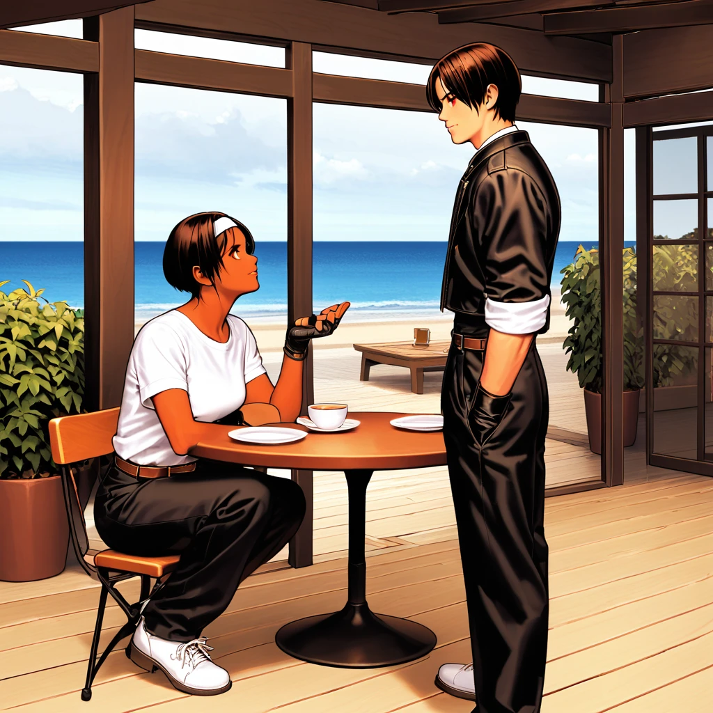 2 people,woman,Raise your hand,Looking up,short hair,Black Hair,Dark Skin,Red eyes,(black jacket with rolled-up sleeves),Fingerless gloves,White T-shirt,(White headband),Black trousers,White leather shoes,Brown belt,cute,indoor,Charm Points,Ocean View,Slightly larger bust,Outdoor,good looking,Confident々Smile,Dining with friends on the terrace,Lively atmosphere,squat