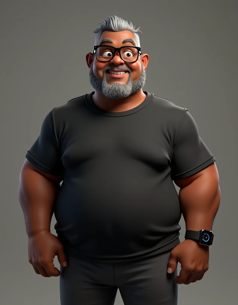 Create a stylized 3D cartoon character of a middle-aged black man with very short hair, wearing modern black glasses. The character should have a broad build with slight overweight and a friendly expression, but not smiling. His skin tone is dark brown with a warm undertone. The man has only two prominent vertical wrinkles on his forehead between his eyebrows. His beard is trimmed and sparse, with more white hairs on the chin and the rest being dark gray. His hair is gray, extremely short on top, styled to the right side, and shaved on the sides. The man has hairy arms and does not wear any accessories or jewelry, except for a black smartwatch. He is looking directly at the camera, not cross-eyed, and not smiling. The man is dressed in an oversized black t-shirt and dark gray pants without a belt. The character should be rendered in a stylized, animation-style, with a Pixar-like quality, using Arnold Maya render or toon Keyshot render. The rendering should be high quality, with cinematic lighting, sharp focus, detailed textures, detailed skin, clay-like finish, and bokeh effects in 8K resolution.