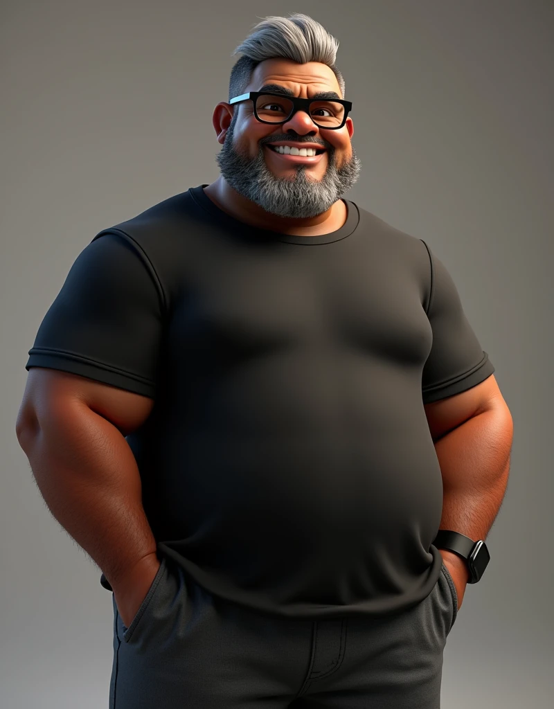 Create a stylized 3D cartoon character of a middle-aged black man with very short hair, wearing modern black glasses. The character should have a broad build with slight overweight and a friendly expression, but not smiling. His skin tone is dark brown with a warm undertone. The man has only two prominent vertical wrinkles on his forehead between his eyebrows. His beard is trimmed and sparse, with more white hairs on the chin and the rest being dark gray. His hair is gray, extremely short on top, styled to the right side, and shaved on the sides. The man has hairy arms and does not wear any accessories or jewelry, except for a black smartwatch. He is looking directly at the camera, not cross-eyed, and not smiling. The man is dressed in an oversized black t-shirt and dark gray pants without a belt. The character should be rendered in a stylized, animation-style, with a Pixar-like quality, using Arnold Maya render or toon Keyshot render. The rendering should be high quality, with cinematic lighting, sharp focus, detailed textures, detailed skin, clay-like finish, and bokeh effects in 8K resolution.