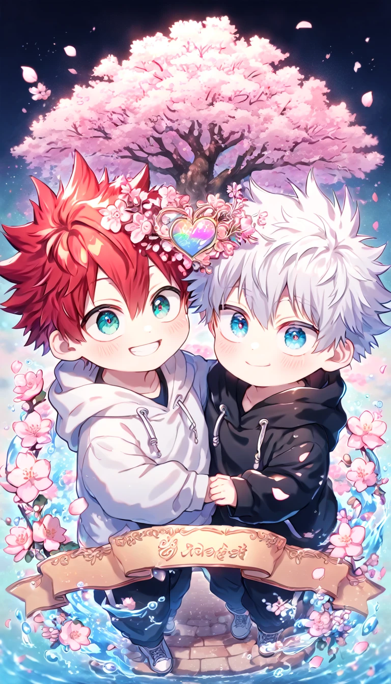 absurdres, highres, ultra detailed, HDR, master piece, best quality, extremely detailed face, delicated features, Todoroki Touya as a kid, spiked hair, red hair, expressive turquoise eyes, Boku No Hero Academia, Gojou Satoru as a kid, white hair, expressive blue eyes, white eyelashes, two kids together, yaoi, gay couple, small, cute, smiling, black hoodie, white hoodie, fantasy, magical, cherry blossoms, pink flowers, pink birds, pink petals, water, Jujutsu Kaisen